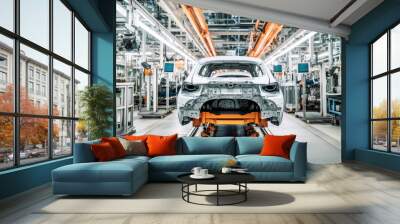 Assembly of an electric vehicle in a modern and technologically advanced automotive plant using cutting-edge manufacturing processes. The concept of green transportation Wall mural