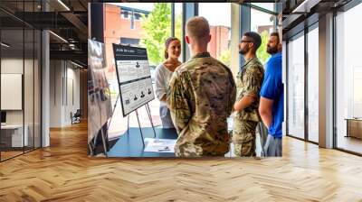 Diverse group of veterans in camouflage on job fair with advisor. Concept of veterans overcoming employment challenges through program providing job opportunities, vacancies and social reintegration Wall mural