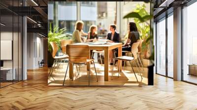 Eco-friendly furniture made of wood and natural materials in modern office with green plants, lush greenery. Group employees different genders in sunlight sustainable working environment atmosphere Wall mural