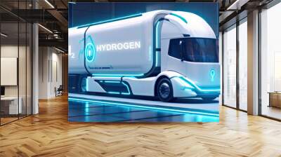 Illuminated hydrogen-powered semi truck at a modern refueling station at dusk, transporting hydrogen. Emission free, zero emission, sustainable transport Wall mural