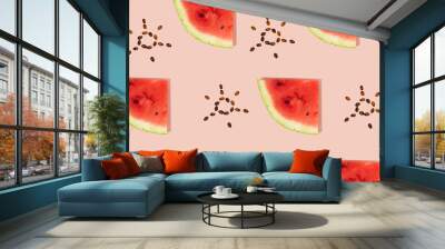 Pattern of sliced fresh watermelon, sun shaped seeds on pink background. Summer fruit, berry. Trendy, Minimal shadows. Watermelon day concept -3 august. Wall mural