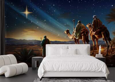 Silhouette of three wise men on camels in desert. On a background a Bright Bethlehem star. Nativity of Jesus concept. Epiphany concept Wall mural