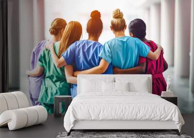 Women nurses diverse ethnicities, group teamwork, unity. Medical professionals in colorful scrubs with arms around each other. Concept of togetherness healthcare workers and team support. Back view Wall mural