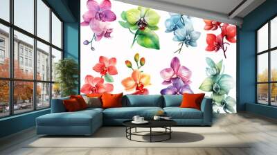 illustrazione di set di orchidee multicolore in stile acquerello su sfondo bianco scontornabile ideale per inviti e biglietti di auguri per matrimoni, creata con intelligenza artificiale Wall mural