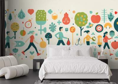 People walking outdoors surrounded by nature and health symbols representing the concept of wellbeing, white background Wall mural