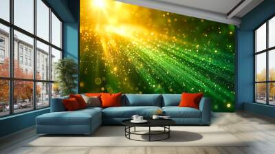 Scoppio di luce verde asimmetrico, bellissimi raggi di luce astratti su sfondo verde scuro con il colore del verde e del giallo, sfondo scintillante verde dorato con spazio per testo Wall mural