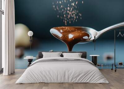 Spoon filled with delicious creamy melted chocolate dripping over brown background Wall mural