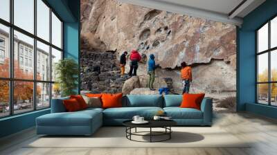 Man belaying a rock climber at Smith Rock State Park in Oregon Wall mural