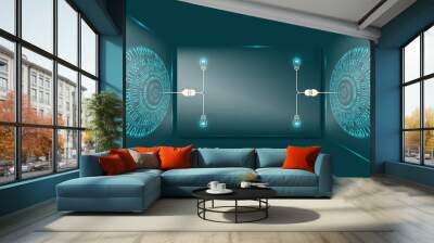 Two abstract circles with binary code and glass panel with bulbs Wall mural