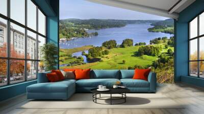 A panoramic view of a calm Lake Windermere taken from above Ambleside showing the land and yachting marina in the distance Wall mural