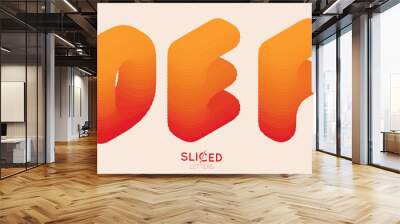 Abstract paper cut sliced letters with color gradient. Paper sclices with soft shadow form 3d letters. Minimalistic design. Alphabet vector illustration. Paper craft symbols D E F. Wall mural