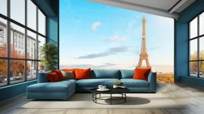 The Eiffel Tower in Paris. Beautiful city panorama. Autumn golden colors. Scenic view on Paris. View from Trocadero. Wall mural