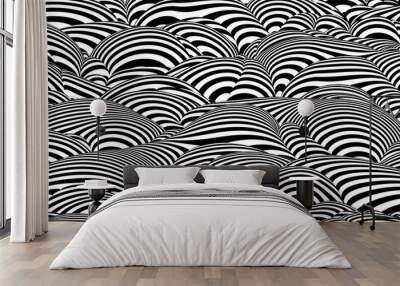 Trendy 3D black and white stripes distorted backdrop. Abstract noise landscape. Procedural ripple background with optical illusion effect. Wall mural