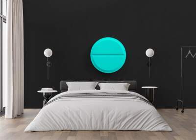 Turquoise single pill isolated on a black background. Tablet, pill capsule top view, flat lay. 3d render illustration  Wall mural