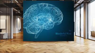 Vector blue illustration of 3d brain side with synapses and glowing neurons. Conceptual image of idea birth or artificial intelligence. Net of shiny lines forms brain structure. Futuristic mind scan. Wall mural