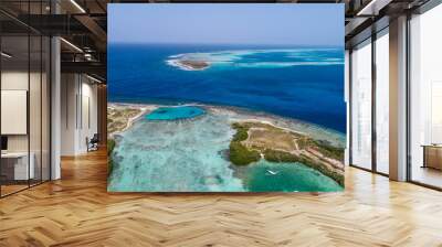 Caribbean: Vacation in the blue sea and deserted islands. Aerial view of a blue sea with crystal water. Great landscape. Beach scene. Aerial View Island Landscape Los Roques Wall mural