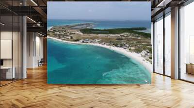 Caribbean: Vacation in the blue sea and deserted islands. Aerial view of a blue sea with crystal water. Great landscape. Beach scene. Aerial View Island Landscape Los Roques Wall mural