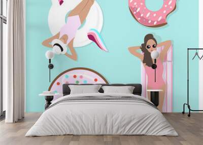 Beautiful girl laying in a Inflatables Donut and Unicorn Pool Float. Summer tropical poster/background. Flat character design set Wall mural