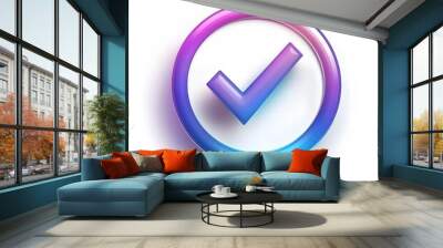 
3d check icon, checklist tick, done mark. Vector realistic plastic style checkmark, symbol of selection, confirmation or approval. purple and blue circle with a white, white background Wall mural