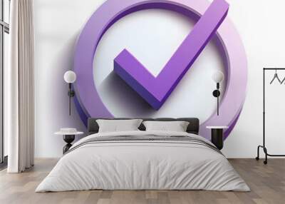 
3d check icon, checklist tick, done mark. Vector realistic plastic style checkmark, symbol of selection, confirmation or approval. Purple circle with a white, white background Wall mural