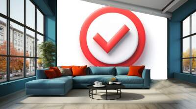 
3d check icon, checklist tick, done mark. Vector realistic plastic style checkmark, symbol of selection, confirmation or approval. Red circle with a white, white background Wall mural