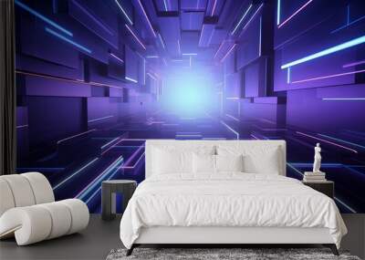 3d rendering of blue and purple abstract geometric background. Scene for advertising, technology, showcase, banner, game, sport, cosmetic, business, metaverse. Sci-Fi Illustration. Product display Wall mural