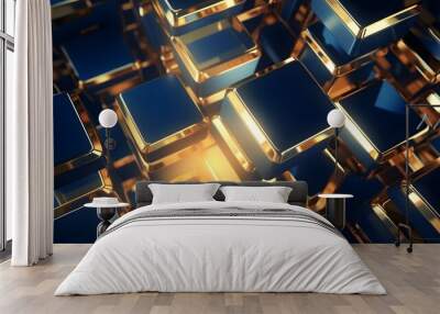 3d rendering of gold and blue abstract geometric background. Scene for advertising, technology, showcase, banner, game, sport, cosmetic, business, metaverse. Sci-Fi Illustration. Product display Wall mural