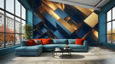 3d rendering of gold and blue abstract geometric background. Scene for advertising, technology, showcase, banner, game, sport, cosmetic, business, metaverse. Sci-Fi Illustration. Product display Wall mural