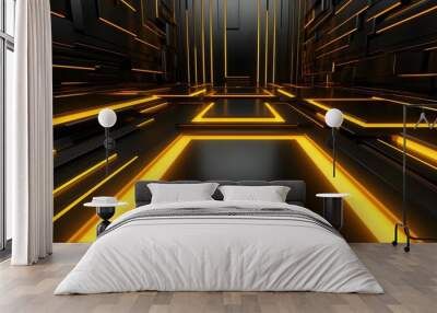 3d rendering of yellow and black abstract geometric background. Scene for advertising, technology, showcase, banner, game, sport, cosmetic, business, metaverse. Sci-Fi Illustration. Product display Wall mural