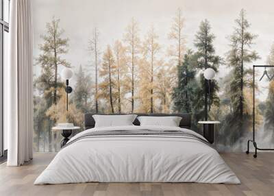 A desaturated, smoky, monochromatic pine tree forest Wall mural