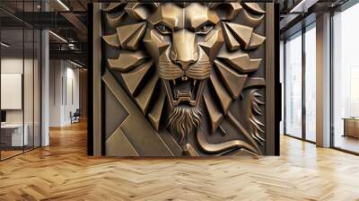 A stylized bas relief metal sculpture of a lion by generative AI Wall mural