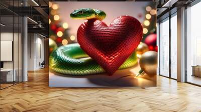 a vibrant green snake adorned with red and gold ornaments sits amidst festive decorations the scene features a heart baubles and shimmering lights perfect for celebrating the new year Wall mural