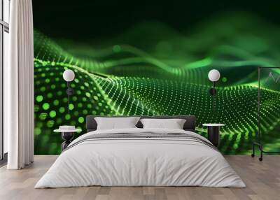 Abstract green particle background. Flow wave with dot landscape. Digital data structure. Future mesh or sound grid. Pattern point visualization. Technology vector illustration. Wall mural