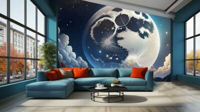 Amazing scenery of white glowing moon with craters in black sky with clouds at night  Wall mural