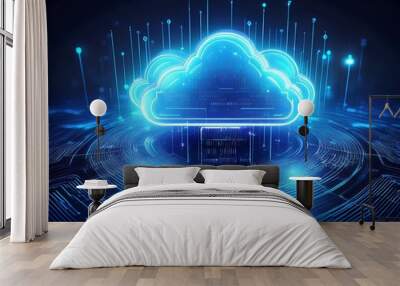 Blue glowing digital cloud computing and data storage concept illustration' Wall mural