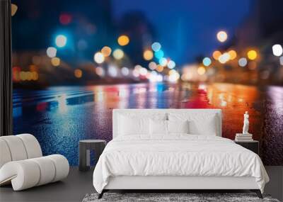 Blurred colorful city lights reflecting on wet asphalt at night Wall mural