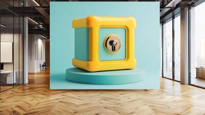 
cartoon 3d icon of safe with lock. 3d illustration for finance and banking on white background. simple 3d rendering of safe on platform, white background Wall mural