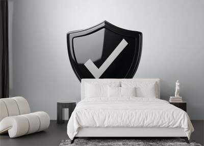 cartoon 3d Icon safety shield check mark perspective . black symbol security safety icon. Checkmark in minimalistic style. 3d vector illustration. white background Wall mural