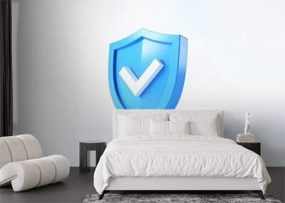 cartoon 3d Icon safety shield check mark perspective . Blue symbol security safety icon. Checkmark in minimalistic style. 3d vector illustration. white background Wall mural