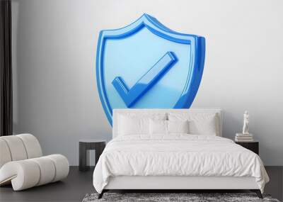 cartoon 3d Icon safety shield check mark perspective . Blue symbol security safety icon. Checkmark in minimalistic style. 3d vector illustration. white background Wall mural