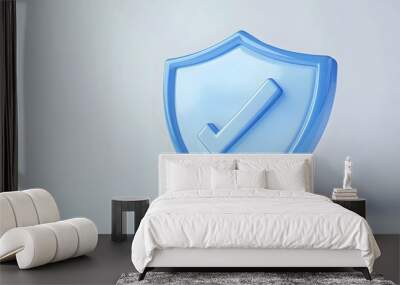 cartoon 3d Icon safety shield check mark perspective . Blue symbol security safety icon. Checkmark in minimalistic style. 3d vector illustration. white background Wall mural