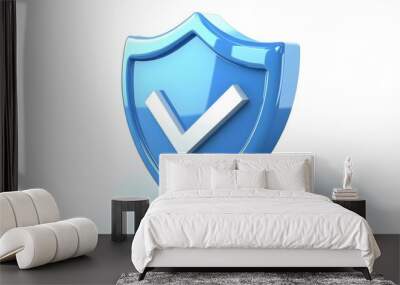 cartoon 3d Icon safety shield check mark perspective . Blue symbol security safety icon. Checkmark in minimalistic style. 3d vector illustration. white background Wall mural