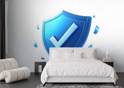 cartoon 3d Icon safety shield check mark perspective . Blue symbol security safety icon. Checkmark in minimalistic style. 3d vector illustration. white background Wall mural