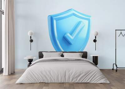 cartoon 3d Icon safety shield check mark perspective . Blue symbol security safety icon. Checkmark in minimalistic style. 3d vector illustration. white background Wall mural