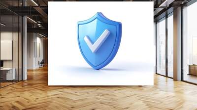 cartoon 3d Icon safety shield check mark perspective . Blue symbol security safety icon. Checkmark in minimalistic style. 3d vector illustration. white background Wall mural