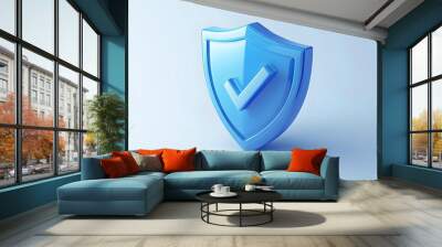 cartoon 3d Icon safety shield check mark perspective . Blue symbol security safety icon. Checkmark in minimalistic style. 3d vector illustration. white background Wall mural