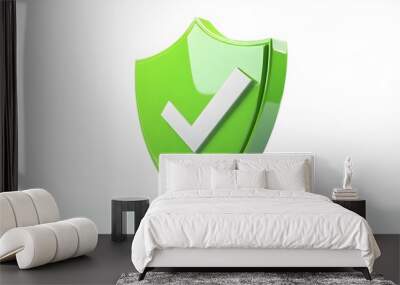 
cartoon 3d Icon safety shield check mark perspective . green symbol security safety icon. Checkmark in minimalistic style. 3d vector illustration. white background Wall mural