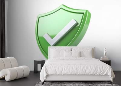 cartoon 3d Icon safety shield check mark perspective . green symbol security safety icon. Checkmark in minimalistic style. 3d vector illustration. white background Wall mural