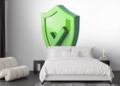 cartoon 3d Icon safety shield check mark perspective . green symbol security safety icon. Checkmark in minimalistic style. 3d vector illustration. white background Wall mural