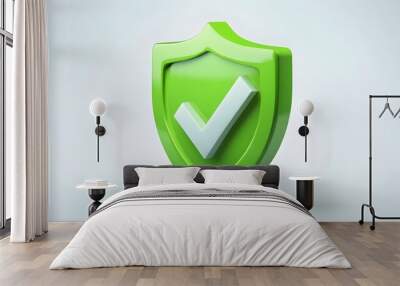 
cartoon 3d Icon safety shield check mark perspective . green symbol security safety icon. Checkmark in minimalistic style. 3d vector illustration. white background Wall mural